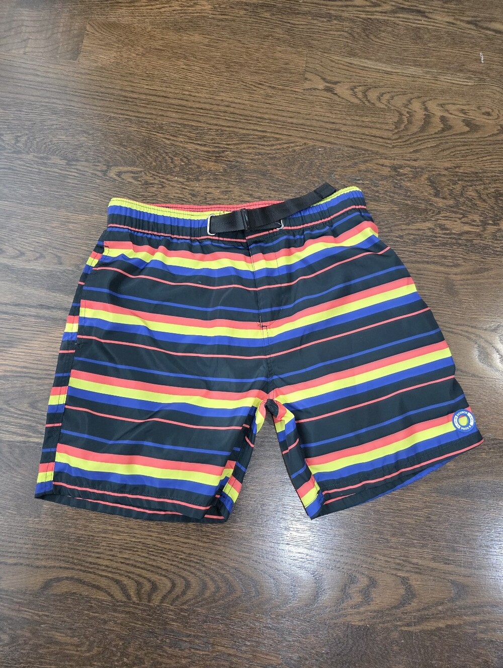 Scotch & Soda Black Swim Shorts with Red, Yellow & Blue Stripes Sz.M
